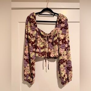 Open Edit Floral Crop Top Long Sleeve Smocked Back Size M